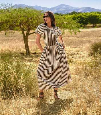 Black Striped Drop Waist Puff Sleeve Midi Dress