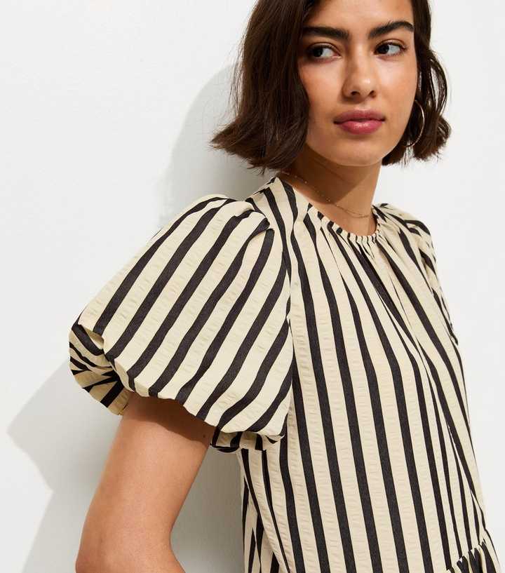 Black Striped Drop Waist Puff Sleeve Midi Dress | New Look