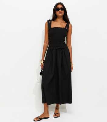 Black Cotton Shirred Tie Strap Midi Dress