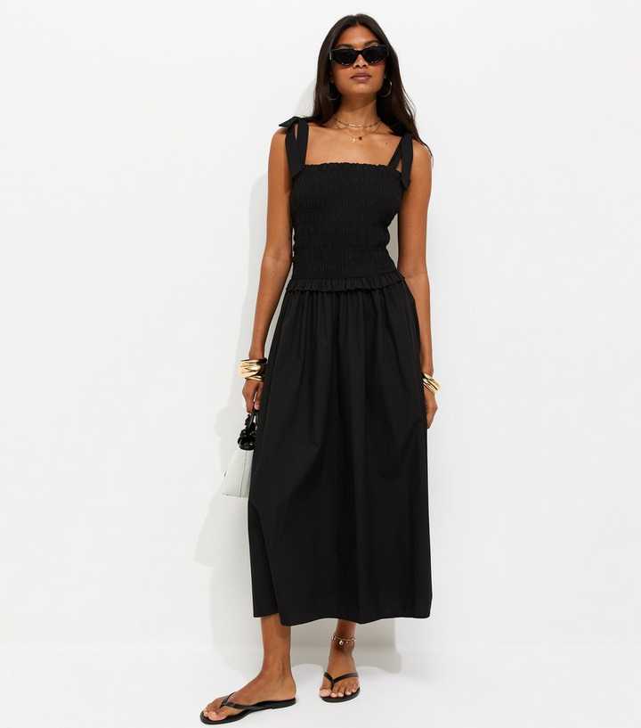 Black Cotton Shirred Tie Strap Midi Dress