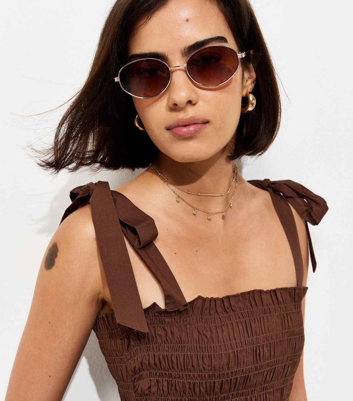 Women's Dark Brown Cotton Shirred Tie Strap Midi Dress New Look