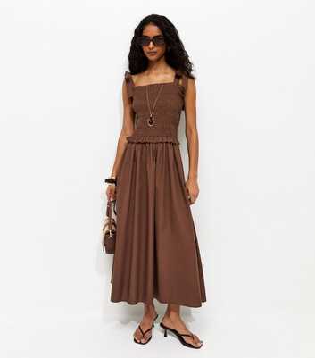 Dark Brown Cotton Shirred Tie Strap Midi Dress