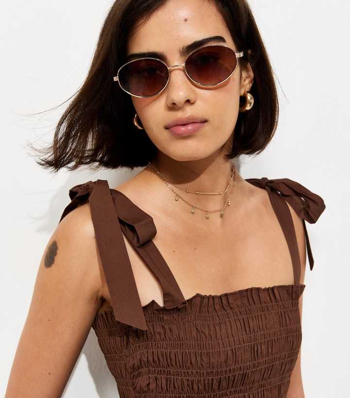 Dark Brown Cotton Shirred Tie Strap Midi Dress