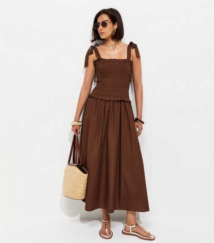 casual light brown dress MINI BOW MAXI DRESS IN DARK BROWN | CULT MIA main image 1