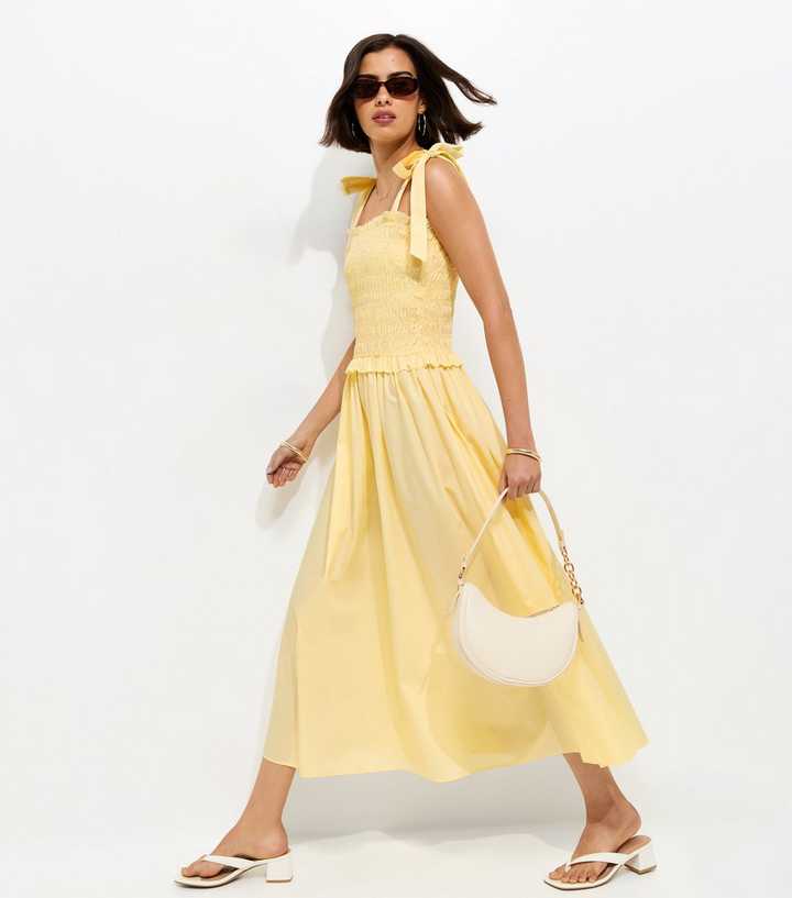 Light Yellow Cotton Shirred Tie Strap Midi Dress