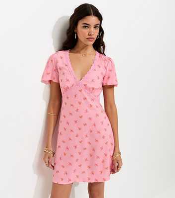 Pink Ditsy Print Lace Trim V-Neck Mini Dress