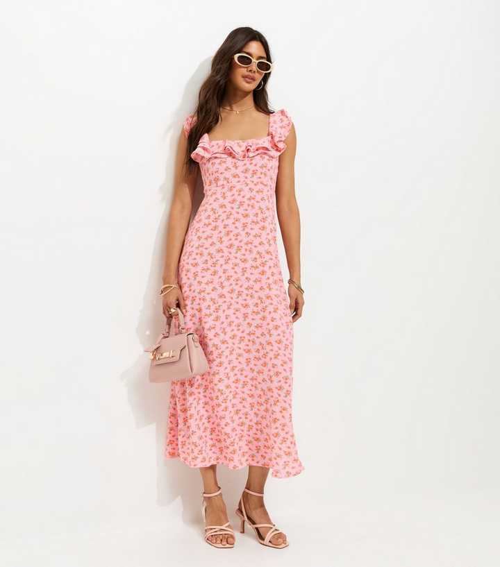 dusty pink floral print frill detail midi dress Pink Floral Print V-Neck Midi Dress main image 0