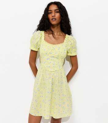 Light Yellow Floral Print Milkmaid Mini Dress