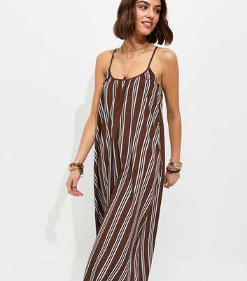 Brown Stripe Crepe Cami Strap Maxi Dress