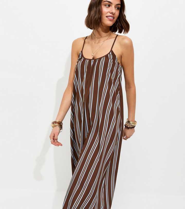 Brown Stripe Crepe Cami Strap Maxi Dress
