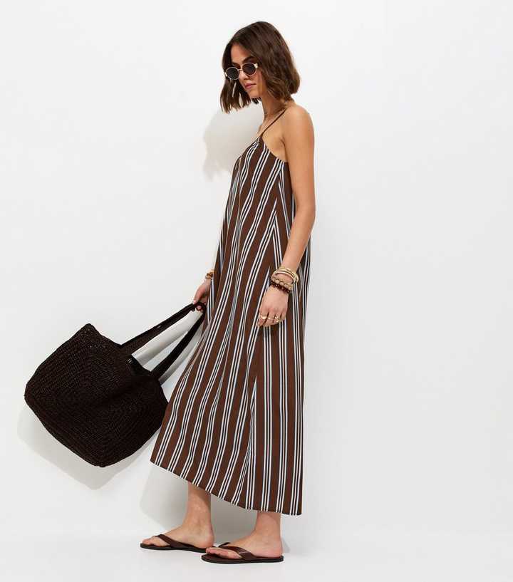 Brown Stripe Crepe Cami Strap Maxi Dress | New Look