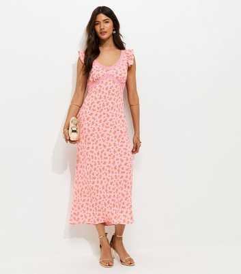 Pink Floral Print Lace Trim Midi Dress