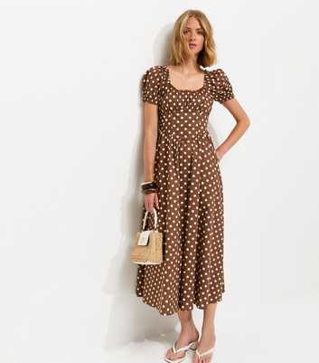 Brown Cotton Polka Dot Ruched Midi Dress