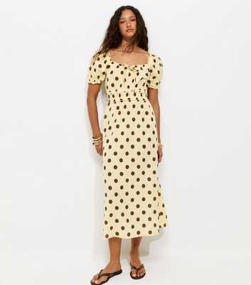 Yellow Polka Dot Shirred Milkmaid Midi Dress