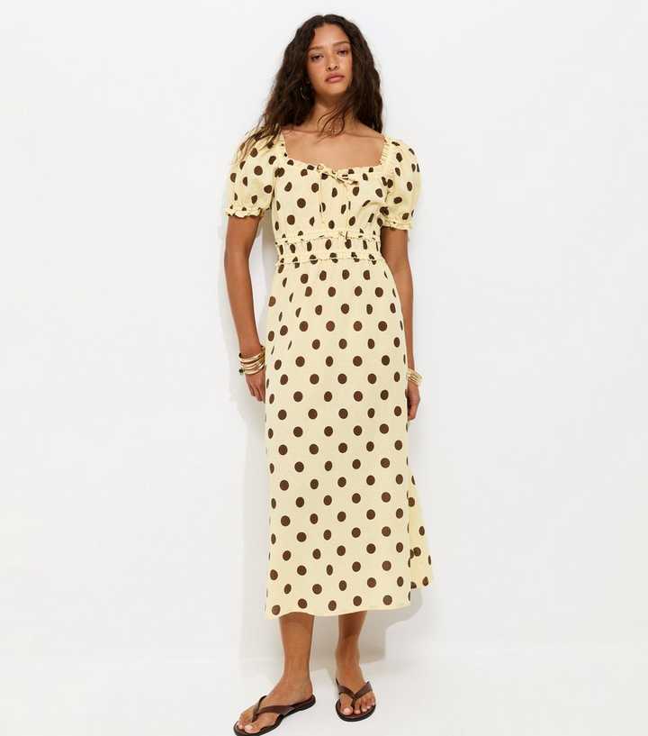 Yellow Polka Dot Shirred Milkmaid Midi Dress