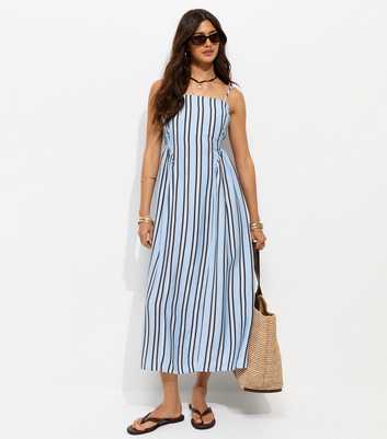 Blue Striped Gathered Strappy Midi Dress