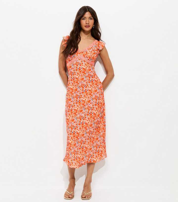 Orange Floral Lace Trim Midi Tea Dress