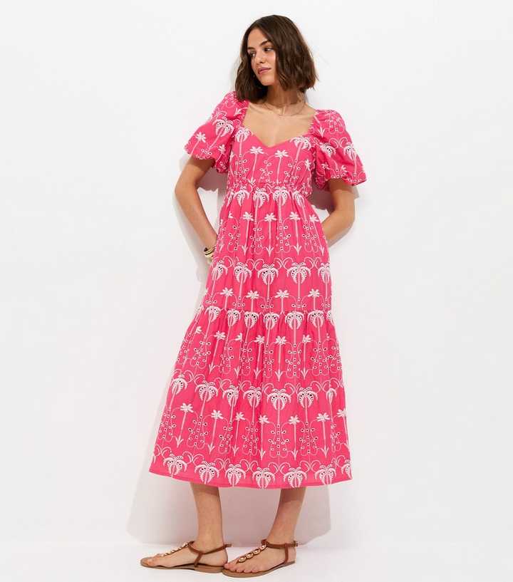 Pink Cotton Palm Tree Embroidered Milkmaid Tiered Midi Dress