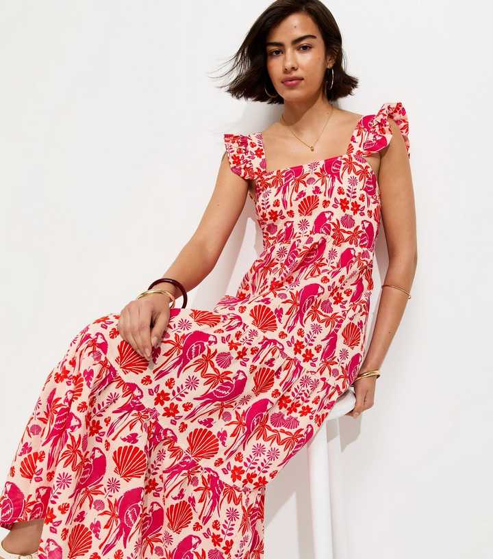 Pink Parrot Patterned Ruffle Strap Midi Dress
