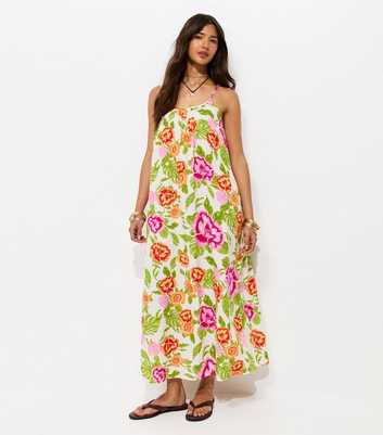 Cream Cotton Floral Print Maxi Smock Dress