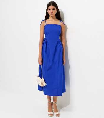 Bright Blue Godet Skirt Tie Strap Midi Dress