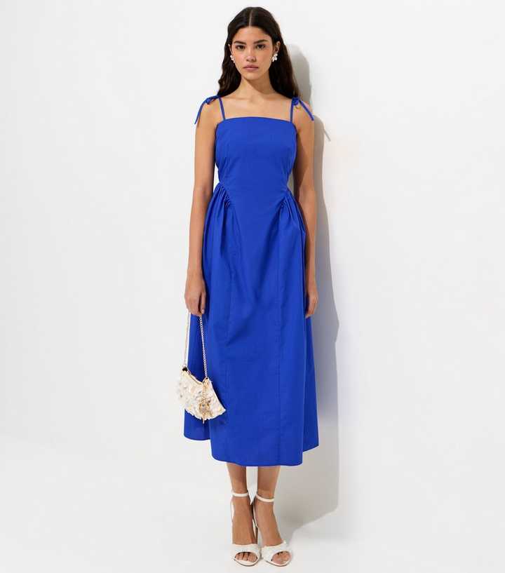 Bright Blue Godet Skirt Tie Strap Midi Dress