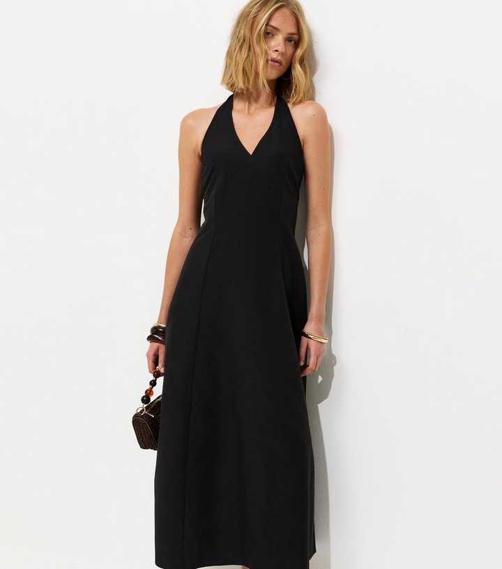 Black Halter Neck Cotton Rich Midi Dress