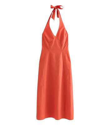 Red Halter Neck Cotton Rich Midi Dress