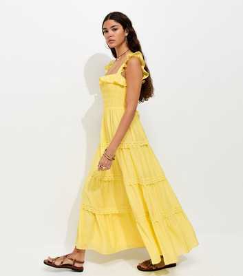 Bright Yellow Frilly Trimmed Shirred tiered Maxi Dress