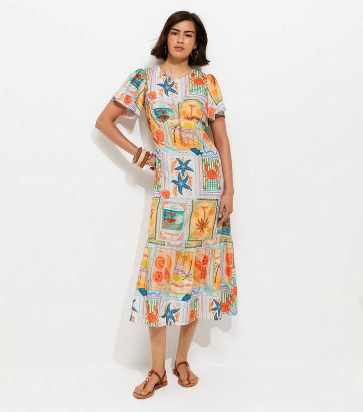 Multicolour Seaside Print Crepe Midi Dress