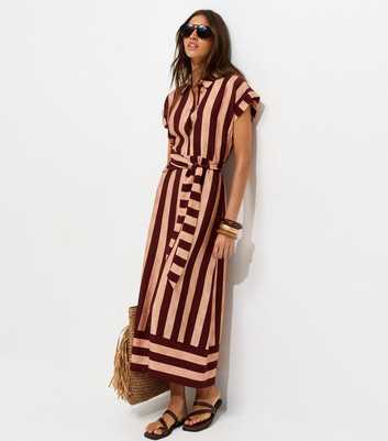 Brown Striped Short Sleeve Midi Shirt Dress