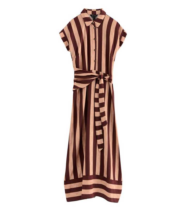 Brown Striped Short Sleeve Midi Shirt Dress