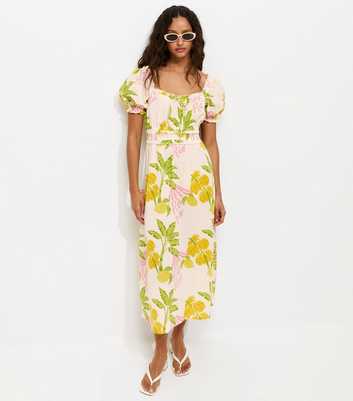Cream Tropical Print Shirred Milkmaid Midi Dress