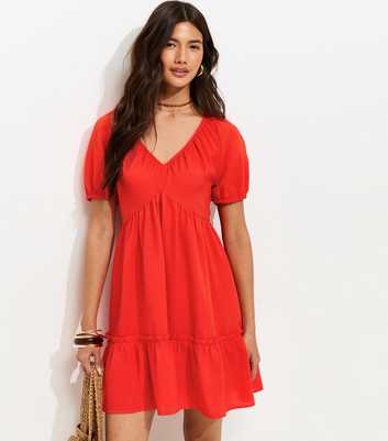 Bright Red Textured Tiered Mini Smock Dress