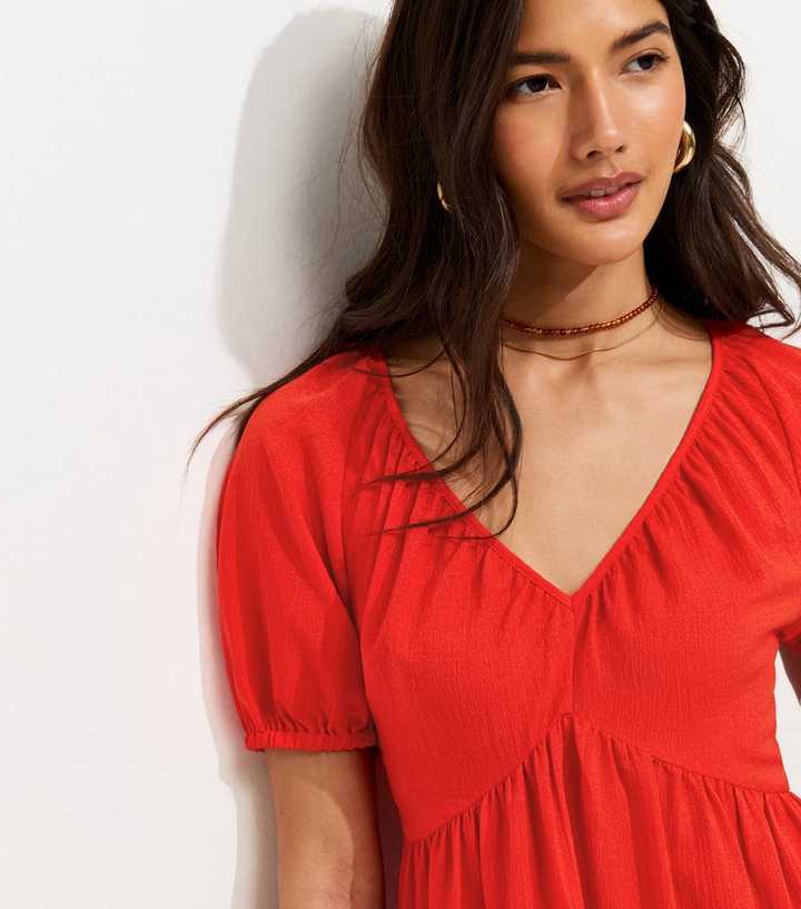 Bright Red Textured Tiered Mini Smock Dress | New Look Bright Red Textured Tiered Mini Smock Dress | New Look