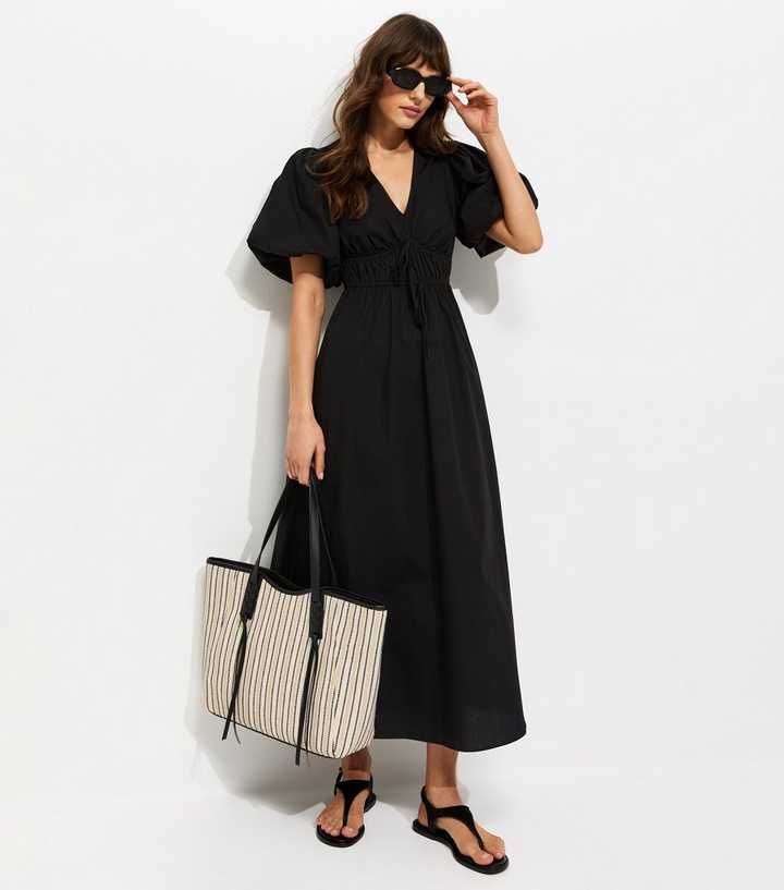 Tall Black Cotton Puff Sleeve Midi Dress