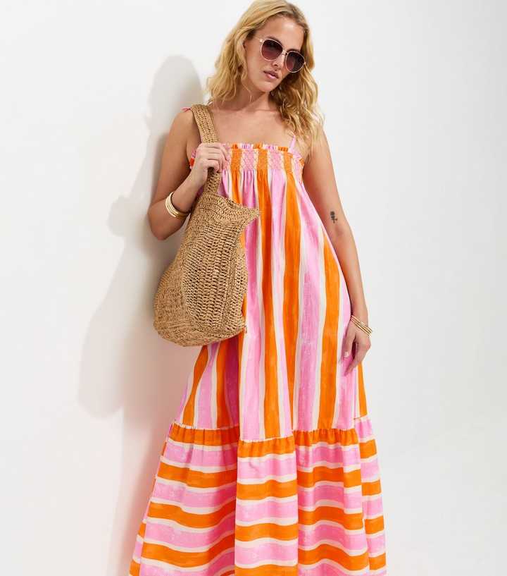 Tall Orange Cotton Stripe Strappy Midi Dress