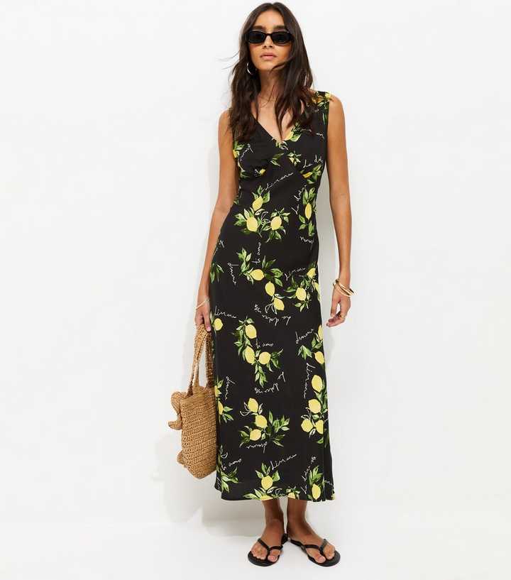 Black Lemon Print V-Neck Midi Dress