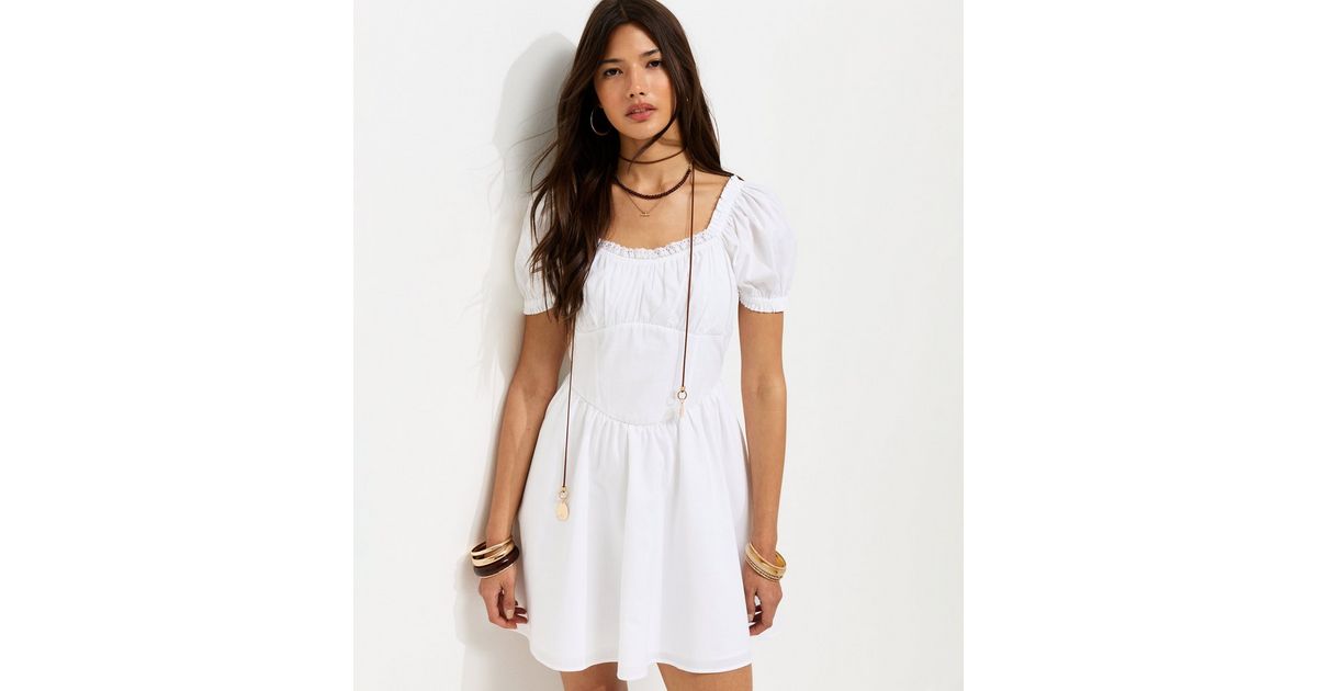 White Cotton Lace Trim Corset Waist Milkmaid Mini Dress