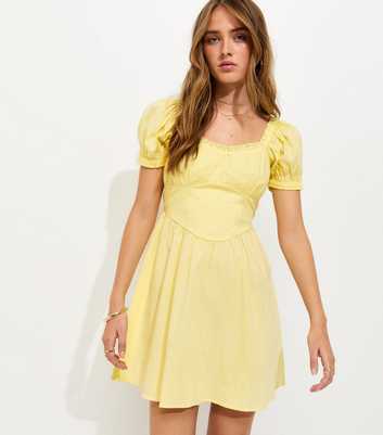 Light Yellow Cotton Lace Trim Corset Waist Milkmaid Mini Dress