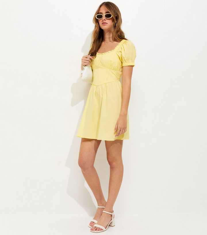 Light Yellow Cotton Lace Trim Corset Waist Milkmaid Mini Dress | New Look
