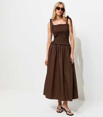 Tall Dark Brown Shirred Tie Strap Midi Dress