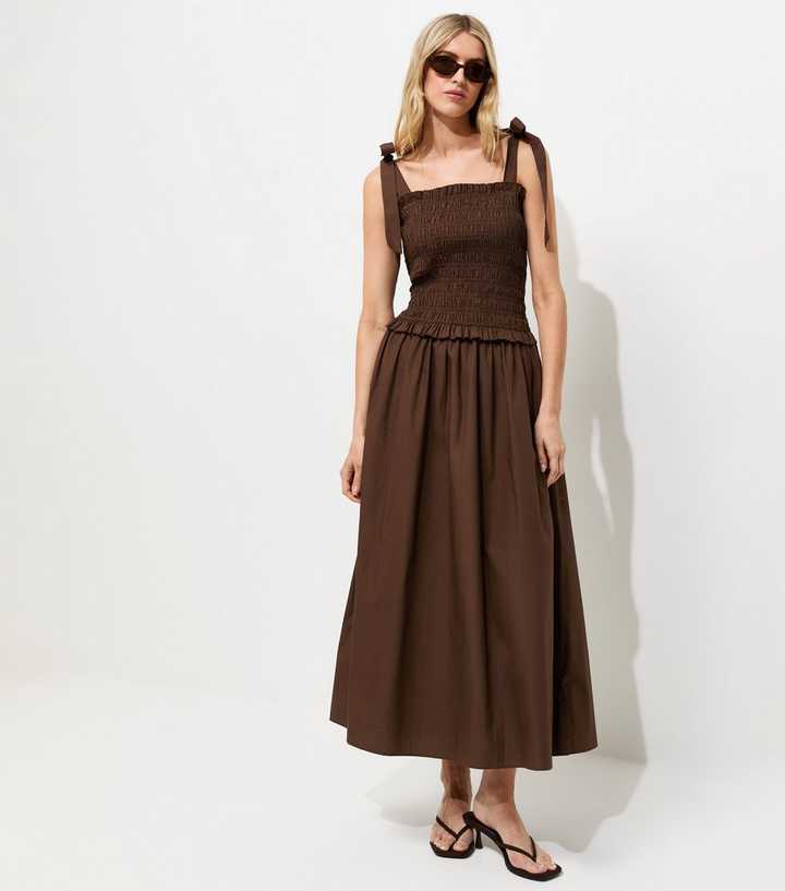 Tall Dark Brown Shirred Tie Strap Midi Dress
