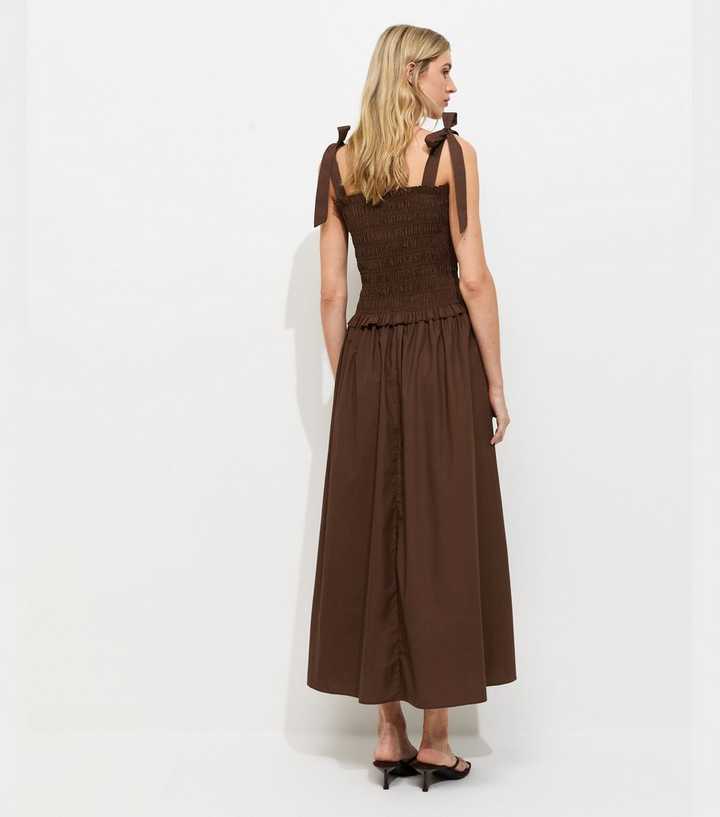 Tall Dark Brown Shirred Tie Strap Midi Dress | New Look