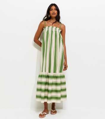 Green Cotton Striped Tie Strap Midi Dress