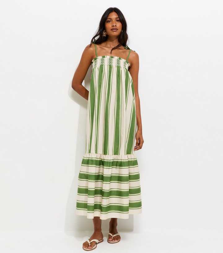 Green Cotton Striped Tie Strap Midi Dress
