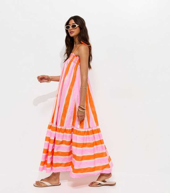 Orange Cotton Striped Tie Strap Midi Dress | New Look