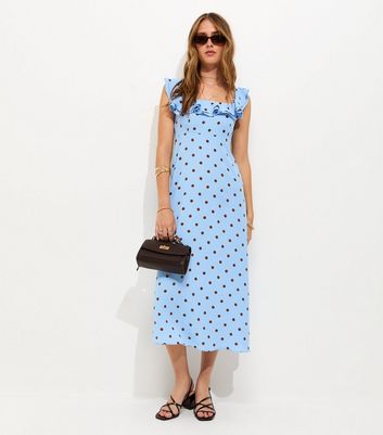 blue polka dot ruffle dress Women's Blair Navy Polka Dot Cotton Ruffle Top Shirt | Size: Xs