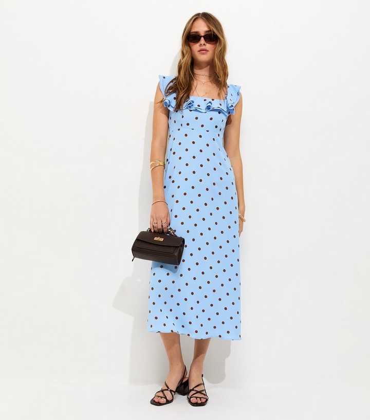 Blue Polka Dot Ruffle Trim Midi Dress