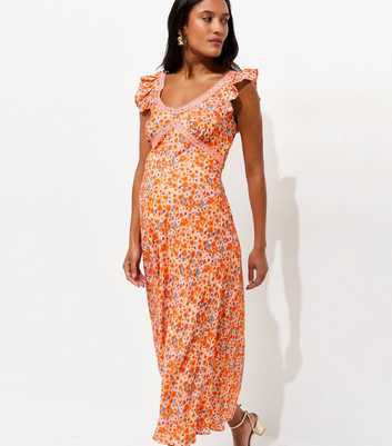 Maternity Orange Floral Lace Trim Frill Sleeves Midi Dress